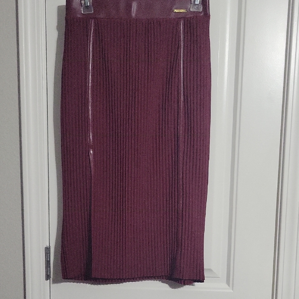 Ribbed Faux Leather Trim Pencil Skirt